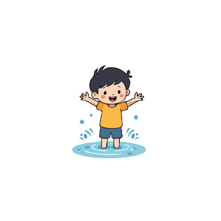 A delightful cartoon image portrays a young boy joyfully playing in a puddle, showcasing carefree childhood innocence. With arms outstretched, he exudes happiness and vitality, capturing the simpleのイラスト素材