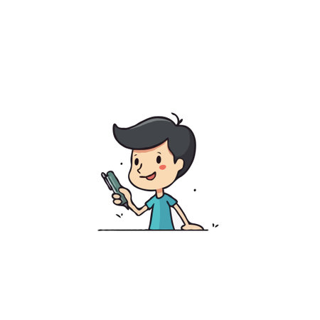A charming cartoon depicting a young boy absorbed in his mobile phone. The digital art illustrates a modern lifestyle, emphasizing youthful engagement with technology for communication, browsing,のイラスト素材
