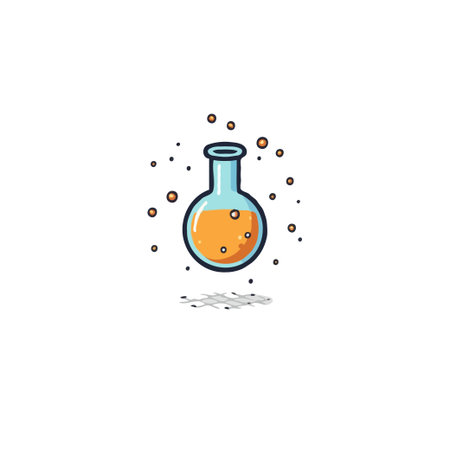 A charming illustration featuring a round bottom flask filled with an orange bubbling liquid, surrounded by floating particles. The image suggests scientific exploration, experiments, or laboratoryのイラスト素材