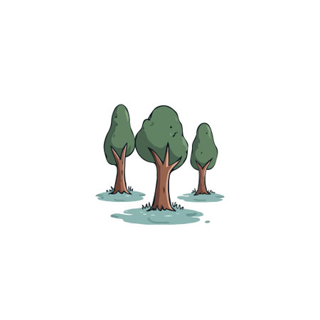 Three stylized trees stand together, creating a peaceful grove scene. The illustration emphasizes simple, rounded shapes and a soft color palette, evoking a sense of tranquility and natural beauty.のイラスト素材
