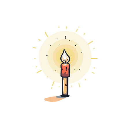 A hand-drawn illustration shows a candle with a bright flame. The glowing light creates a warm atmosphere. Ideal for concepts like hope, illumination, spirituality, or peace, evoking feelings ofのイラスト素材