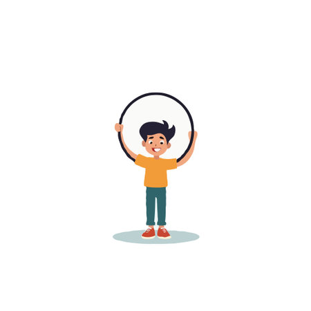 A cheerful cartoon illustration depicts a young boy joyfully holding a hoop above his head. The image conveys the essence of childhood play, learning, and physical activity, suitable for educationalのイラスト素材