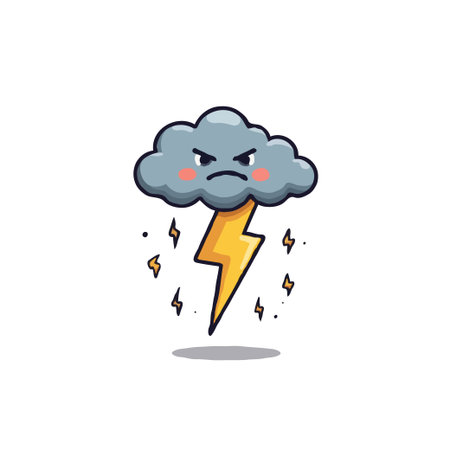 A cartoon illustration shows an angry gray cloud emitting a yellow lightning bolt. The art style is playful, the depiction portrays a whimsical take on severe weather and atmospheric disturbancesのイラスト素材