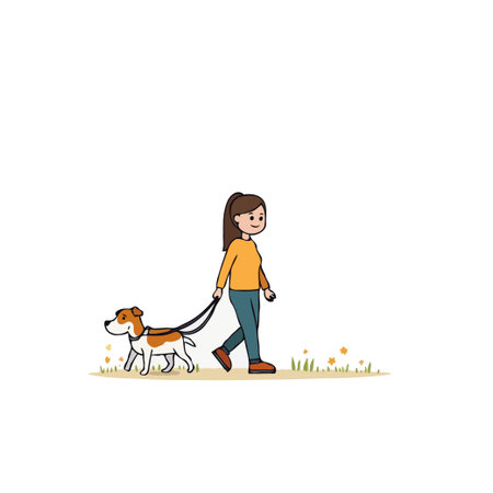 This simple illustration portrays a serene scene of a woman walking her dog. The image evokes feelings of companionship, tranquility, and the simple joys of spending time with a beloved pet,のイラスト素材