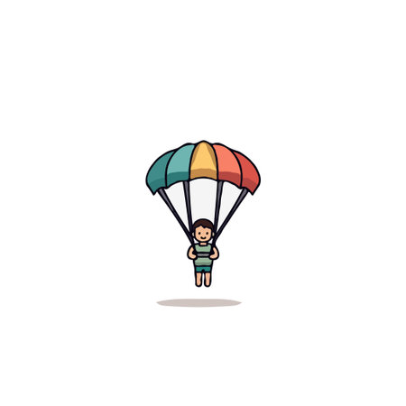 This charming cartoon portrays a person peacefully gliding downwards with a multi-colored parachute. The minimalist illustration evokes a sense of calm, fun and enjoyment, perfect for conveyingのイラスト素材