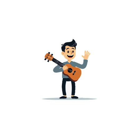 This charming illustration features a cheerful character strumming a ukulele, extending a friendly wave. The artwork captures a moment of musical joy and casual entertainment with a touch ofのイラスト素材