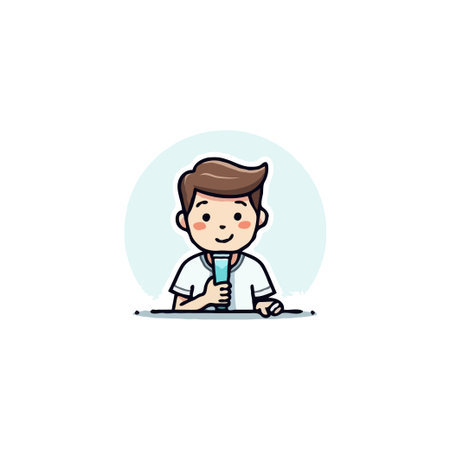 A delightful cartoon character illustration showcases a friendly boy holding a blue object. The image embodies simplicity and friendliness. The soothing pastel backdrop enhances the design's appeal.のイラスト素材