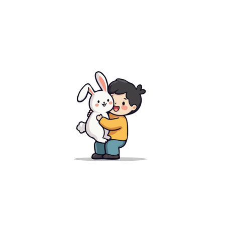 A charming illustration depicts a young boy lovingly hugging a white plush rabbit. The scene conveys a sense of comfort, friendship, and the innocent joy of childhood, with a simple and heartwarmingのイラスト素材