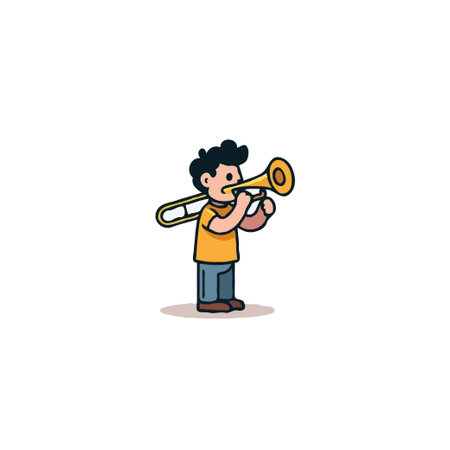 A delightful cartoon illustration showcasing a young boy passionately playing the trombone. The artwork captures the joy and energy of making music, highlighting the child's enthusiasm for hisのイラスト素材