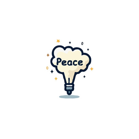 A whimsical illustration shows a light bulb emitting a cloud of smoke shaped like a thought bubble containing the word 'Peace'. This symbolizes the birth of peaceful ideas from creative thought,のイラスト素材