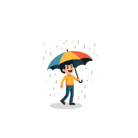 A charming cartoon depicts a young boy enjoying a rainy day. He walks with a smile, protected by a vibrant, multi-colored umbrella from the falling raindrops. The illustration captures a carefreeのイラスト素材