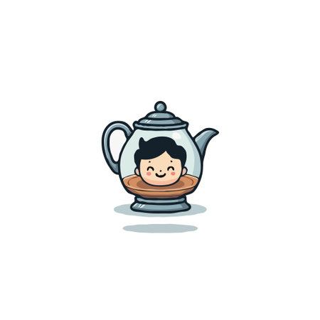 This artwork shows a charming boy's face resting within a transparent teapot. The cartoonish design evokes feelings of innocence and wonder, inviting viewers to delve into a world of imagination.のイラスト素材