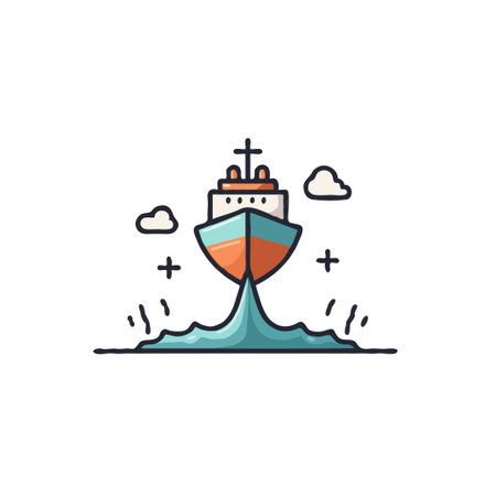 A simple but captivating illustration of a ship gracefully sailing on water, conveying a sense of maritime adventure. The stylized design features bold colors and a unique wave and cloud, making itのイラスト素材