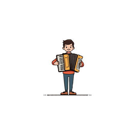 This delightful illustration features a young boy playing the accordion with enthusiasm. The charming cartoon design captures a sense of joy and musical talent. Use this image for children's books,のイラスト素材