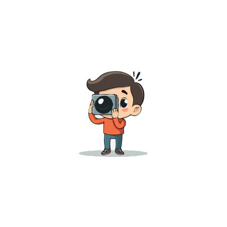 A cute animated cartoon character of a young photographer boy with brown hair, holding a camera and joyfully taking a picture. The illustration conveys youthful enthusiasm, creative expression, andのイラスト素材