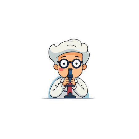 A charming cartoon illustration showcases a scientist engrossed in examining a microscopic world. This captivating artwork expresses the allure of science and conveys the essence of education,のイラスト素材