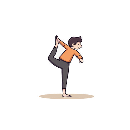 A delightful cartoon illustration showcasing a young man gracefully executing the dancer yoga pose. He exudes cheerfulness and balance, highlighting the joy of fitness and the importance of aのイラスト素材