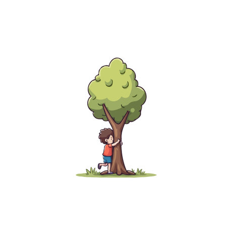 A charming illustration portrays a young child affectionately hugging a tree, symbolizing the beauty of nature, the importance of environmental harmony, and the innocent joy of childhood connectionsのイラスト素材