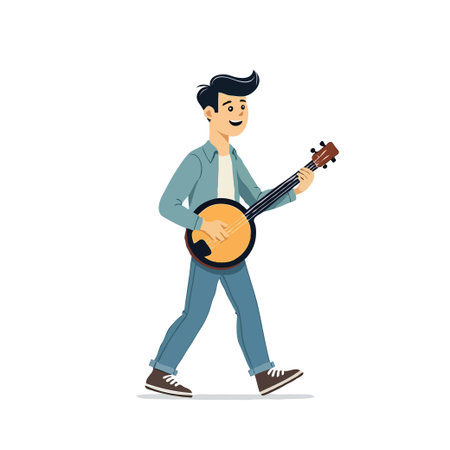 The illustration shows a young musician casually dressed in denim, playing the banjo while walking. This visual captures the joyful spirit of creating music and the harmonious intersection ofのイラスト素材