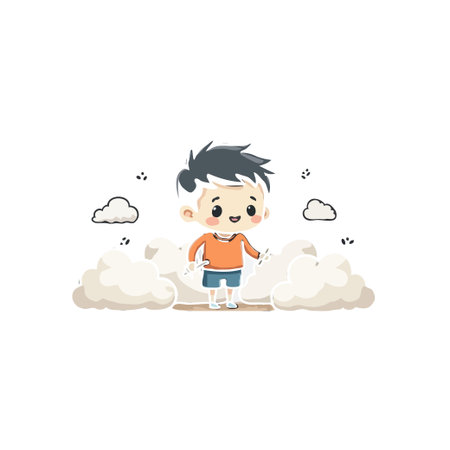 A delightful cartoon illustration depicts a small child confidently walking on a path made of fluffy white clouds. The whimsical scene fosters feelings of imagination, innocence, and a cheerfulのイラスト素材