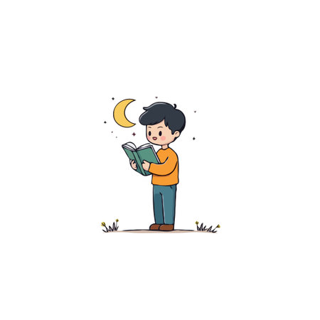 A young boy is absorbed in reading a book outdoors at night, illuminated by a crescent moon and stars. This image evokes a sense of childhood wonder and the joy of learning, creating a peaceful andのイラスト素材