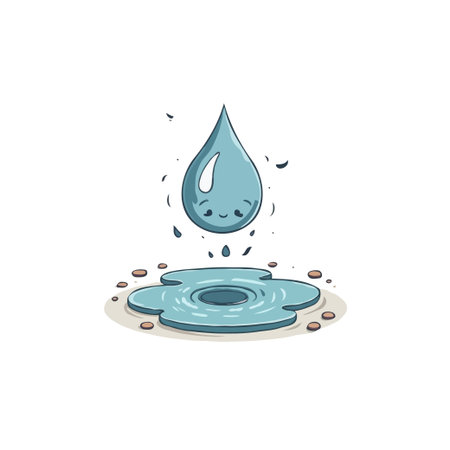 A charming cartoon water droplet with a sweet expression is depicted falling towards a small puddle, creating a gentle ripple. This bright and clean illustration evokes a sense of serenity,のイラスト素材