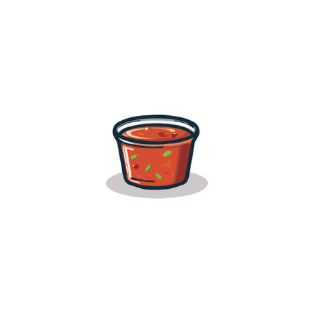This illustration depicts a small, transparent plastic cup filled with a vibrant red tomato-based sauce garnished with fresh, green herbs. The minimalistic design focuses on a flavorful appetizer orのイラスト素材