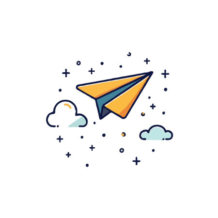 A charming cartoon illustration featuring a paper airplane gliding among fluffy clouds and radiant stars. Evokes feelings of wonder, travel, and creative expression, capturing the simple joy ofのイラスト素材