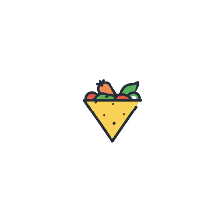 A minimalistic illustration displaying a triangular container overflowing with fresh fruits and vegetables. This emblem is ideal for conveying concepts such as healthy eating, dietary choices, andのイラスト素材
