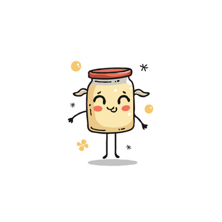A cute illustration presents a charming dairy product, represented as a jar with a delightful facial expression. This kawaii-style character, complete with arms and legs, brings a touch of innocenceのイラスト素材
