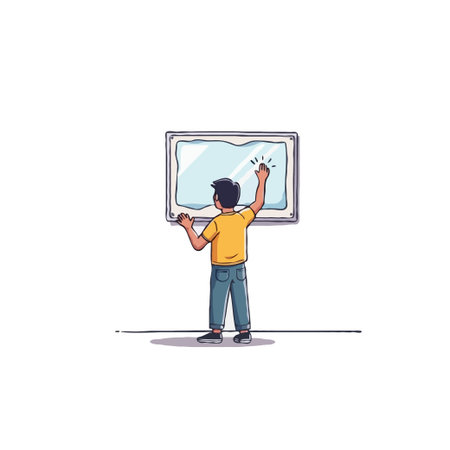 A modern illustration of a person interacting with a digital display showcases interactive technology and modern learning. This image represents a futuristic interface connection that highlightsのイラスト素材