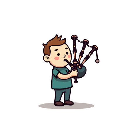 A delightful cartoon illustration depicts a young boy with a bright smile, engrossed in playing the bagpipes. The image showcases a blend of musical enjoyment and youthful charm, making it a perfectのイラスト素材