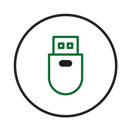 A stylized green icon of a USB flash drive, set against a white background and encased in a black...