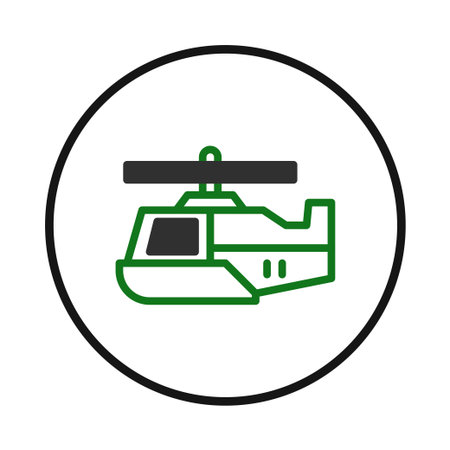 This image presents a clean, modern, vector illustration of a helicopter within a circular frame. The helicopter design is simplified, using green and black lines for definition, making it suitableのイラスト素材