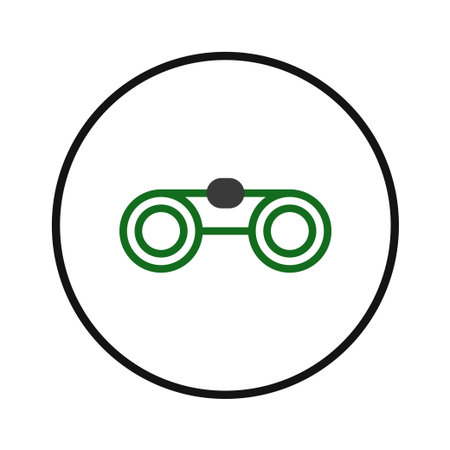 A clean and crisp design depicting a pair of binoculars inside a circular frame. The minimalist approach and balanced composition evoke feelings of exploration, discovery, and focused observation.のイラスト素材