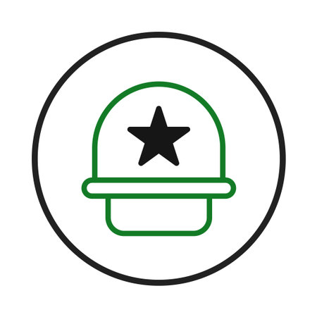 A minimalist vector illustration depicts a military helmet emblem, outlined in black and green, featuring a central star. The design conveys themes of protection, service, and defense associatedのイラスト素材