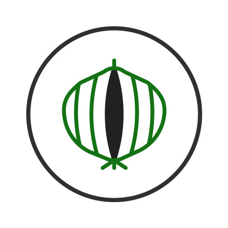 This stylized image features an onion icon with green outlining and a dark core centered within a circular black frame, presenting a clean, minimalist design suitable for themes related to food,のイラスト素材