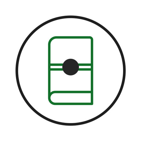 A minimalist graphic depiction showcases a stylized book icon. The book, delineated by a green outline and accented by a central black circle, conveys learning, knowledge, and literature. Presentedのイラスト素材