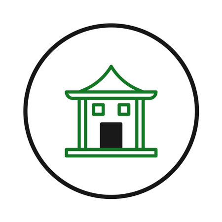 A simple green and black icon showing an abstracted building within a round black frame. The structure features a distinct roof shape, conveying a sense of traditional architecture. The crispのイラスト素材