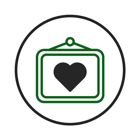 Graphic illustration featuring a dark heart symbol displayed inside a framed picture. The design...