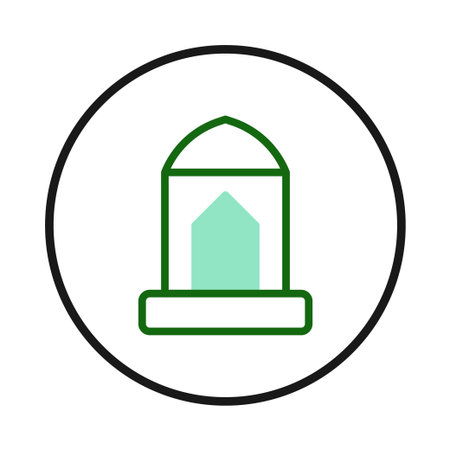 A clean, modern icon displays a stylized architectural structure suggestive of a religious building or shrine. Encased within a circular frame, the design features green outlines and a simple formのイラスト素材