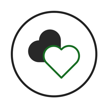 This is a minimalist icon design featuring two overlapping hearts, one solid black and the other a white outline with a green border. This design symbolizes contrast and connection within a circularのイラスト素材
