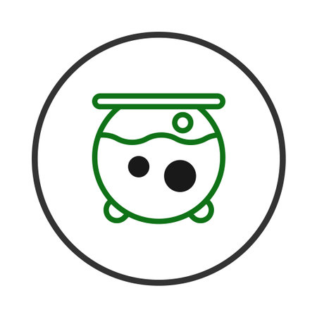 An illustration of a green outlined cauldron with bubbling liquid, perfect for use in Halloween themed designs. The icon conveys witchcraft, fantasy, and the preparation of magical potions. Thisのイラスト素材