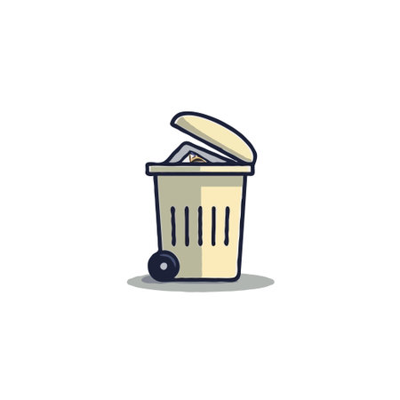 A clean, minimalist illustration features a trash can with papers slightly visible, hinting at waste management or disposal. The cartoon-style drawing is set against a white background, ideal forのイラスト素材