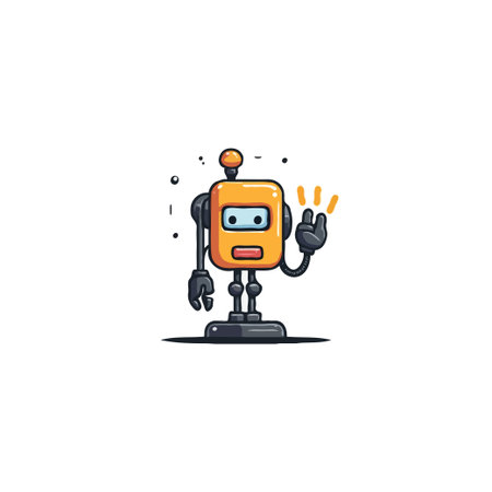 This is a creative illustration of a small orange robot waving its hand. The robot has a minimalist...