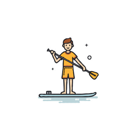 A cheerful cartoon illustration shows a man paddleboarding. The character is on a paddleboard with a paddle, suggesting an active and recreational outdoor pursuit on water. The design conveys aのイラスト素材
