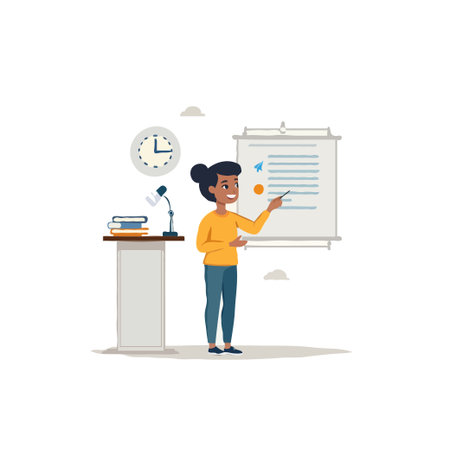 A cheerful educator stands near a whiteboard, using a pointer to clarify concepts. A desk with books and a lamp sits nearby, while a clock on the wall sets the scene for a focused classroomのイラスト素材
