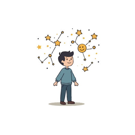 A young boy gazes upward at the stars and constellations, lost in thought. He's contemplating the...