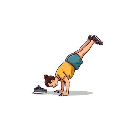 A vibrant cartoon illustration portrays a woman in a handstand yoga pose, set against a clean white...