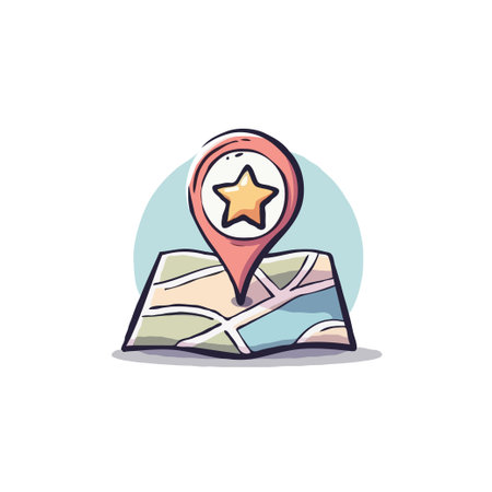 A hand-drawn illustration depicts a charming map with a location pointer featuring a star, hinting at exciting adventures and discoveries. This design conveys a sense of exploration, making it idealのイラスト素材